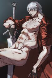 Rule 34 | 1boy, abs, bara, bare pectorals, black gloves, blue eyes, chest hair, coat, dante (devil may cry), devil may cry (series), devil may cry 5, facial hair, fingerless gloves, gloves, hair over one eye, highres, holding, large pectorals, looking at viewer, lykke, male focus, mature male, muscular, muscular male, nude, open clothes, open coat, pectorals, rebellion (sword), red coat, smile, solo, stomach, sword, toned, topless male, weapon, white hair