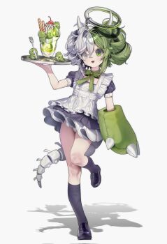 0_o_s_k 1girl :d apron black_shoes black_socks chain commentary dress food fork green_eyes green_hair green_ribbon hand_up heterochromia highres holding holding_tray horns ice_cream looking_at_viewer maid metal_halo neck_ribbon open_mouth original panties puffy_short_sleeves puffy_sleeves ribbon shoes short_dress short_sleeves skeletal_tail smile socks solo standing standing_on_one_leg sundae tail tray two_side_up underwear upskirt white_apron white_background white_eyes white_hair white_horns white_panties white_tail