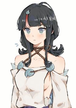1girl bare_shoulders black_hair blue_eyes blunt_bangs blush breasts commentary_request fate/grand_order fate/requiem fate_(series) fgo_si fundoshi hair_ornament highres japanese_clothes jewelry long_sleeves magatama magatama_hair_ornament magatama_necklace medium_hair multicolored_hair necklace puffy_long_sleeves puffy_sleeves sideboob sideless_outfit sidelocks simple_background solo streaked_hair utsumi_erice utsumi_erice_(lancer) white_background