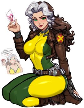 1boy 1girl blushyspicy bodysuit bra breasts brown_hair colored_bangs gambit gloves green_bodysuit green_eyes jacket large_breasts long_hair looking_at_viewer marvel marvel_rivals meme mexico_ufo_alien_bodies_hearing_(meme) multicolored_bodysuit multicolored_hair rogue_(x-men) smile superhero_costume two-tone_bodysuit two-tone_hair underwear white_hair x-men yellow_bodysuit