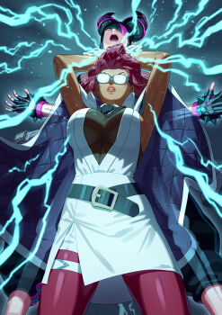 2girls black_hair bracelet breasts capcom coat coat_on_shoulders crimson_viper drill_hair electricity electrocution female_focus fingerless_gloves glasses gloves han_juri highres jacket jewelry large_breasts lips multiple_girls necktie necktie_aside open_clothes open_jacket pants red_hair skirt spiked_bracelet spikes street_fighter street_fighter_6 teeth twin_drills white_jacket white_skirt yagi2013