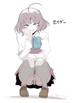 1girl ahoge alternate_costume brown_dress brown_eyes brown_hair collared_shirt commentary_request dress dress_shirt full_body grey_thighhighs highres kantai_collection kishinami_(kancolle) looking_at_viewer panties pantyshot shirt short_hair solo squatting tada_(tactical_tada) thighhighs translation_request underwear white_shirt