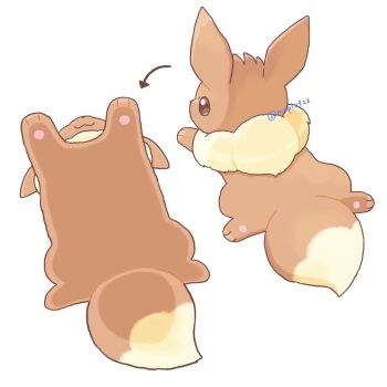 Rule 34 | :3, against fourth wall, animal focus, arrow (symbol), brown eyes, brown fur, commentary request, eevee, from above, from below, gen 1 pokemon, highres, kana (maple926), nintendo, no humans, pokemon, pokemon (creature), pokemon focus, simple background, tail, white background