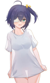 1girl absurdres ahoge alternate_costume blush breasts chuunibyou_demo_koi_ga_shitai! collarbone commentary_request cowboy_shot eyepatch highres large_breasts looking_at_viewer medical_eyepatch one_side_up qinghong_daoren shirt short_hair short_sleeves simple_background solo takanashi_rikka white_background white_shirt