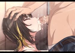 1boy 1girl blonde_hair brown_hair censored closed_eyes commentary_request cum cum_in_mouth cum_overflow erere fellatio hands_on_another&#039;s_head idolmaster idolmaster_shiny_colors ikaruga_luca irrumatio letterboxed lying mosaic_censoring multicolored_hair on_side oral penis profile two-tone_hair