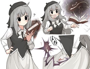 !? 1girl ? az84997592 beret black_eyes black_hat blush book bow bowtie commission creature_inside giant_sperm_cell grey_hair hand_on_own_hip hat highres holding holding_book long_hair long_sleeves open_mouth original question_mark_in_eye simple_background skeb_commission skirt solo sperm_cell string surprised symbol-shaped_pupils v_arms white_background white_bow white_bowtie white_skirt