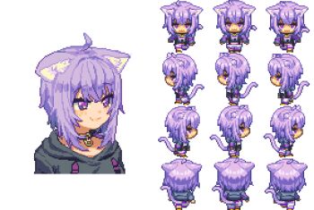 1girl :3 alpha_transparency animal_collar animal_ears cat_ears cat_girl cat_tail collar hololive nekomata_okayu nekomata_okayu_(1st_costume) pixel_art purple_eyes purple_hair smile sprite_art sprite_sheet sweater tail tengu_nouzu virtual_youtuber