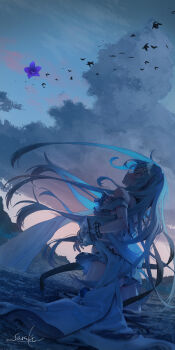 Rule 34 | 1girl, absurdres, artist name, ass, bare shoulders, bikini, bird, blue hair, cloud, cloudy sky, commentary request, flower, frilled bikini, frills, hand up, highres, lee (saraki), long hair, looking up, original, outdoors, parted lips, purple flower, saraki, sky, solo, standing, swimsuit, thigh strap, wading, water, white bikini