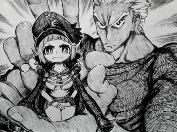 Rule 34 | 1boy, 1girl, absurdres, arched bangs, breasts, cape, chronozbergh, closed mouth, commentary, eyelashes, frown, gamagoori ira, graphite (medium), greyscale, hat, highres, kill la kill, looking at viewer, mankanshoku mako, monochrome, peaked cap, sailor collar, traditional media, v-shaped eyebrows