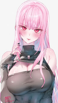 1girl :p absurdres black_shirt blunt_bangs breasts cleavage cleavage_cutout clothing_cutout commentary highres hololive hololive_english jewelry kamiya_maneki large_breasts long_hair looking_at_viewer mori_calliope necklace pink_eyes pink_hair shirt shoulder_cutout sidelocks simple_background skull_necklace solo straight_hair symbol-only_commentary tongue tongue_out turtleneck turtleneck_shirt upper_body virtual_youtuber white_background