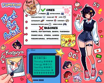 absurdres ahoge artist_self-insert aseprite_(medium) black_eyes black_hair black_nails brazilian_flag cat character_profile choker eevee english_text full_body game_boy gen_1_pokemon handheld_game_console heart highres japanese_flag kana_fujisawa kari_kozhevnikova looking_at_viewer nail_polish netsu_kazegawa nintendo pink_background pixel_art poke_ball pokemon polaroid_photo satomi_(yumyverse) short_hair simple_background single_thighhigh solo_focus space_invaders star_(symbol) thighhighs v venus_symbol yumykon yumykon_(yumykon) yumyverse