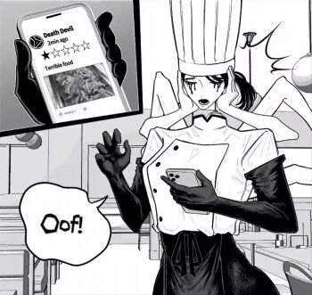 1girl apron arthropod_limbs chainsaw_man chef_hat disembodied_head elbow_gloves extra_arms falling_devil_(chainsaw_man) flat_top_chef_hat gloves greyscale hat holding holding_detached_head holding_phone indoors monochrome open_mouth phone severed_head solo speech_bubble tinstop_88 waist_apron