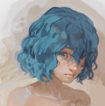 1girl abstract_background bare_shoulders berserk blue_eyes blue_hair butterchalk closed_mouth female_focus freckles isma loli lowres matching_hair/eyes portrait short_hair solo source_request topless_frame wavy_hair