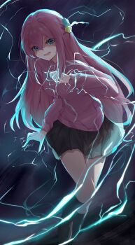 1girl absurdres achun black_skirt black_socks blue_eyes bocchi_the_rock! breasts brown_shoes chinese_commentary coin commentary_request cube_hair_ornament electricity electrokinesis gotoh_hitori hair_between_eyes hair_ornament highres holding holding_coin huge_filesize jacket kneehighs large_breasts long_hair long_sleeves looking_at_viewer one_side_up parody pink_hair pink_jacket pleated_skirt shoes simple_background skirt smile socks solo toaru_kagaku_no_railgun toaru_majutsu_no_index track_jacket