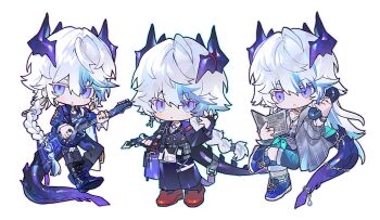 Rule 34 | 3boys, arknights, black gloves, black jacket, black pants, black shoes, blue coat, blue hair, bracelet, braid, bridal gauntlets, brown shoes, chain belt, chibi, coat, commentary, dragon boy, dragon horns, dragon tail, figure four sitting, frown, gloves, grey shirt, guitar, hashtag-only commentary, highres, holding, holding guitar, holding instrument, holding knife, holding phone, horns, instrument, invisible chair, jacket, jewelry, knife, long hair, looking at viewer, looking down, male focus, multicolored hair, multiple boys, multiple persona, newspaper, official alternate costume, open clothes, open shirt, pants, phone, plaid clothes, plaid shirt, purple eyes, puzzle (amidst the pieces) (arknights), puzzle (arknights), puzzle (cool colored rock 'n' roll) (arknights), ring, shirt, shoes, simple background, sitting, streaked hair, tail, tail belt, white background, white hair, white shirt, yeonan