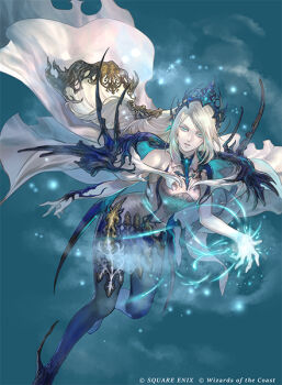 1girl cape copyright_notice cryokinesis final_fantasy final_fantasy_xvi frost glowing glowing_hand jill_warrick long_hair looking_at_viewer magic:_the_gathering official_art pale_skin shiva_(final_fantasy) simple_background suzuki_rika tiara very_long_hair white_hair