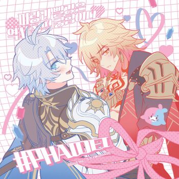 Rule 34 | 2boys, antenna hair, armor, black choker, black coat, black shirt, blonde hair, blue cape, blue eyes, blush, braid, cape, chest tattoo, choker, coat, commentary request, earrings, facial tattoo, gauntlets, gold earrings, gold necklace, gradient hair, honkai: star rail, honkai (series), jewelry, korean commentary, male focus, medium hair, multicolored hair, multiple boys, mydei (honkai: star rail), necklace, open clothes, open coat, parted bangs, pauldrons, phainon (honkai: star rail), red cape, red hair, red tattoo, shirt, shokill, short hair, shoulder armor, side braid, side cape, single pauldron, sun print, tattoo, twitter username, white coat, white hair, yaoi, yellow eyes