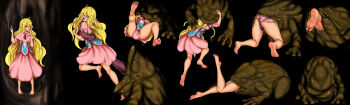 1girl bad_end barefoot black_background blonde_hair cookin defeat dress fairy_tail feet frog helpless imminent_death long_hair mavis_vermilion peril pink_dress predator_and_prey scared sequential soles swallowing toes vore