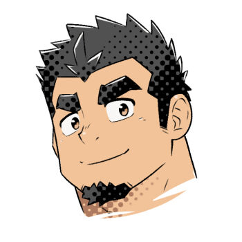 1boy bara black_hair brown_eyes crave_saga cropped_head edamamego facial_hair goatee huge_eyebrows looking_at_viewer male_focus medium_sideburns protagonist_(crave_saga) sanpaku sideburns_stubble smile solo spiked_hair stubble thick_neck
