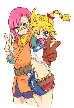 2girls belt bike_shorts blonde_hair blue_eyes chrono_cross chrono_trigger closed_mouth glasses gloves kid_(chrono_cross) looking_at_viewer lucca_ashtear midriff mituna_y_(sa-po) multiple_girls open_mouth ponytail purple_hair scarf short_hair simple_background skirt smile v white_background