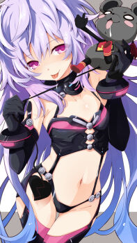 1girl 1other :p alternate_hair_color bare_shoulders bdsm black_gloves black_leotard blue_hair blush bondage_outfit boots breasts captured clothing_cutout cosplay cowboy_shot crossed_legs elbow_gloves gloves gradient_hair hair_between_eyes hands_up head_tilt highres hip_focus iris_heart_(neptunia) iris_heart_(neptunia)_(cosplay) iwashi_dorobou_-r- kami_jigen_game_neptune_v leotard long_hair looking_at_viewer messy_hair mouse_(animal) multicolored_hair navel neptune_(series) o_o pink_eyes purple_eyes purple_hair pururut revealing_clothes saliva scared sleeveless small_breasts standing stomach stomach_cutout tail_pull thigh_boots thigh_gap tongue tongue_out torture very_long_hair warechu