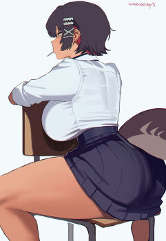 1girl bare_legs black_hair black_skirt breasts commentary ellen_joe english_commentary feet_out_of_frame fins fish_tail highres large_breasts looking_ahead mole mole_under_eye mouth_hold multicolored_hair pleated_skirt red_eyes red_hair school_uniform shark_tail shirt shirt_tucked_in short_hair signature simple_background sitting skirt solo tail tan thighs tomatoketchup96 two-tone_hair white_background white_shirt zenless_zone_zero
