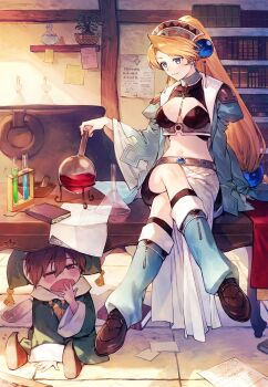 1boy 1girl atelier_(series) atelier_marie benitama bike_shorts blonde_hair blue_eyes book bookmark bookshelf breasts brown_hair brown_shoes cauldron cleavage coat covering_own_mouth crop_top crossed_legs day earrings fairy_(atelier) flask full_body green_coat hair_ornament hand_over_own_mouth hand_up highres holding holding_flask indoors jewelry leg_warmers liquid long_hair long_sleeves looking_down low-tied_long_hair marlone medium_breasts navel official_art one_eye_closed open_mouth paper plant ponytail potted_plant shoes short_hair sitting sitting_on_table sleepy smile solo sphere_hair_ornament table yawning