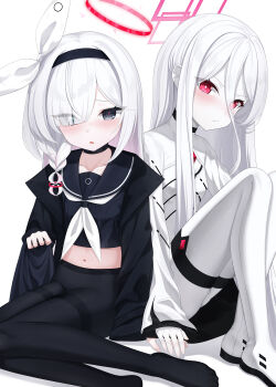 2girls :t absurdres arsenic_(dufw2887) black_choker black_hairband black_jacket black_pantyhose black_sailor_collar black_shirt blue_archive blush bow bright_pupils chinese_commentary choker closed_mouth commentary crop_top cropped_shirt dot_nose dress eyebrows_hidden_by_hair eyes_visible_through_hair full_body grey_eyes hair_bow hair_over_one_eye hairband halo highres jacket kei_(blue_archive) leggings long_bangs long_hair midriff multiple_girls navel neckerchief no_pants no_shoes open_clothes open_jacket pantyhose parted_bangs parted_lips pink_halo plana_(blue_archive) pout raised_inner_eyebrows red_eyes red_halo red_pupils sailor_collar sailor_shirt school_uniform shirt simple_background sitting straight_hair thighband_pantyhose white_background white_bow white_dress white_hair white_leggings white_neckerchief white_pupils