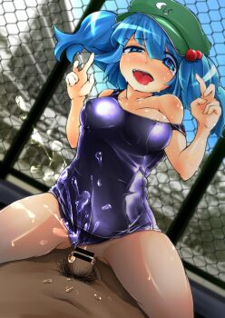 Rule 34 | 1boy, 1girl, ahegao, areola slip, bar censor, bare shoulders, blue eyes, blue hair, blue sky, breasts, newsboy cap, censored, chain-link fence, clothed sex, clothing aside, collarbone, covered erect nipples, cowgirl position, cum, cum in pussy, day, double v, drooling, female ejaculation, fence, flanvia, fucked silly, girl on top, green headwear, hair bobbles, hair ornament, hat, heart, heart-shaped pupils, hetero, highres, kawashiro nitori, large breasts, male pubic hair, nipple slip, nipples, off shoulder, one-piece swimsuit, open mouth, penis, pubic hair, pussy juice, saliva, school, school swimsuit, sex, shiny clothes, short hair, short twintails, skindentation, sky, solo focus, straddling, strap slip, sweat, sweatdrop, swimsuit, swimsuit aside, symbol-shaped pupils, tears, tongue, tongue out, torogao, touhou, twintails, two side up, v, vaginal, wet