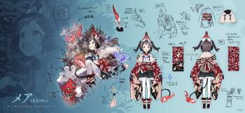 Rule 34 | 1girl, :d, aqua background, black footwear, black gloves, character name, reference sheet, commentary request, fire, from behind, full body, gloves, highres, holding, horns, inari, mea (ta ga tame no alchemist), official alternate costume, official art, open mouth, outdoors, pantyhose, red eyes, second-party source, simple background, skirt, smile, snow, snow rabbit, snowball, snowman, solo, stairs, straight-on, ta ga tame no alchemist, tail, tree, two side up, watarubou, white pantyhose, winter