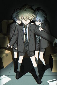 3boys absurdres aged_down alternate_costume antenna_hair black_necktie black_shoes black_socks blonde_hair blue_eyes blue_hair box breast_pocket buttons child closed_mouth collared_shirt eyepatch flame_reaver_of_the_deepest_dark formal_clothes full_body grey_jacket grey_shorts grey_socks hair_between_eyes half-closed_eye highres honkai:_star_rail honkai_(series) indoors jacket lapels long_sleeves looking_at_viewer male_focus multiple_boys multiple_persona necktie official_alternate_eye_color official_alternate_hair_color open_clothes open_jacket phainon_(honkai:_star_rail) phainon_(khaslana)_(honkai:_star_rail) pocket protecting scared shadow shirt shoes short_hair shorts single_empty_eye socks standing striped_necktie teeth white_shirt white_socks yellow_eyes yiyiyiyi670