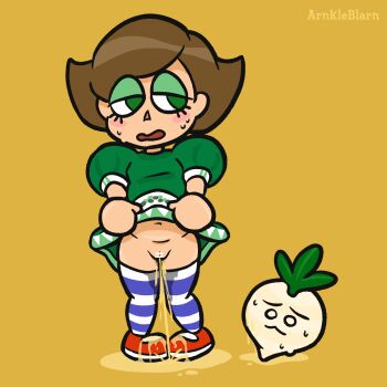 1girl alternate_color animal_crossing arnkleblarn bar_censor blush brown_hair censored clothes_lift dress dress_lift embarrassed flat_chest food green_dress green_eyes highres loli looking_to_the_side mary_janes navel nintendo no_panties open_mouth peeing player_2 puddle puffy_sleeves pussy red_shoes shoes short_hair short_sleeves standing striped_clothes striped_thighhighs super_smash_bros. sweat thighhighs turnip villager_(animal_crossing) wet wet_clothes white_thighhighs yellow_background