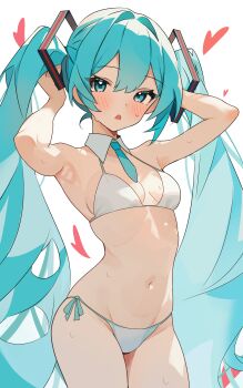 1girl absurdres aqua_eyes aqua_hair aqua_necktie armpits bikini breasts coco_irasuto cowboy_shot detached_collar hatsune_miku highres long_hair looking_at_viewer necktie side-tie_bikini_bottom simple_background small_breasts solo swimsuit twintails very_long_hair vocaloid white_background white_bikini