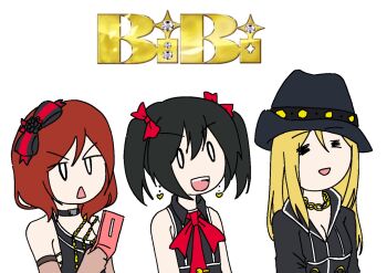 3girls ayase_eli bibi_(love_live!) blonde_hair bow bowtie cellphone commentary diamond_princess_no_yuuutsu fedora flip_phone group_name hat honoka_noodle jacket love_live! love_live!_school_idol_project medium_hair multiple_girls nishikino_maki parody phone red_bow red_bowtie red_hair smile style_parody triple_baka_(group) twintails untranslatable_commentary yazawa_nico