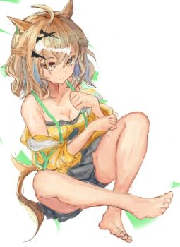 ahoge animal_ears bandeau bare_shoulders barefoot black_skirt braid breasts brown_hair cleavage closed_mouth collarbone commentary_request hair_between_eyes hair_ornament hairclip half_up_braid half_up_half_down_braid horse_ears horse_girl horse_tail jacket jungle_pocket_(champion's_battle_cry)_(umamusume) jungle_pocket_(umamusume) long_sleeves looking_at_viewer medium_breasts medium_hair open_clothes skirt suspenders tail umamusume yanagi_wakana yellow_bandeau yellow_eyes yellow_jacket