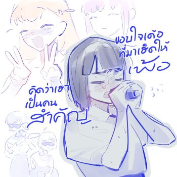 Rule 34 | 5girls, :d, ^ ^, ahoge, alternate universe, anyoji hime, black hair, blunt bangs, blush, bob cut, closed eyes, collared shirt, commentary request, detached ahoge, flying sweatdrops, guitar, hair ornament, highres, hinoshita kaho, instrument, katsuragi izumi, link! like! love live!, love live!, momose ginko, multiple girls, nervous sweating, open mouth, orange hair, otomune kozue, pipi (m1x mix), purple hair, rabbit hair ornament, school uniform, shirt, short hair, short sleeves, sidelocks, smile, sweat, thai commentary, thai school uniform, thai text, translation request, two side up, virtual youtuber, white shirt