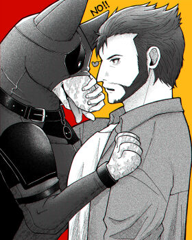 1boy animalization animification beard bodysuit collared_shirt commentary_request deadpool deadpool_&amp;_wolverine deadpool_(series) doghooouse english_text facial_hair heart highres looking_at_animal male_focus marvel marvel mask muscular muscular_male pectorals red_background scar scars_all_over shirt short_hair teeth tongue tongue_out too_many wolf wolverine_(x-men) x-men yellow_bodysuit