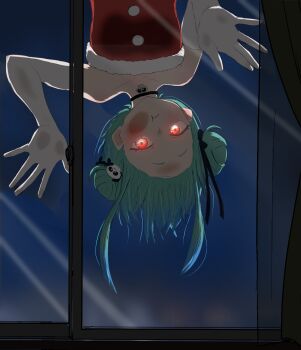 absurdres against_glass black_choker bow cheek_on_glass choker commentary_request curtains double_bun dress glowing glowing_eyes green_hair hair_bow hair_bun hair_ornament hair_ribbon hand_on_glass highres hololive kuronagirai looking_at_viewer night red_eyes ribbon santa_costume santa_dress short_hair skull_hair_ornament upper_body upside-down uruha_rushia window
