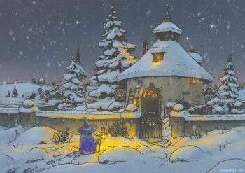 architecture artist_name aurumek building chimney dated fence footprints from_behind gate hat highres holding holding_lantern house ladder lantern nature night original outdoors path plant road scenery signature sky snow snowing star_(sky) starry_sky stone_pillar stone_wall tree wide_shot window window_light wizard wizard_hat