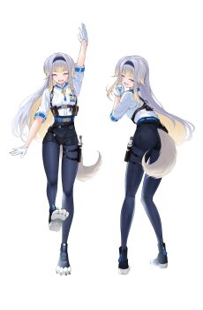 1girl :d animal_ears ass blue_hairband blush breasts closed_eyes dancing dog_ears dog_girl dog_tail from_behind full_body gloves grey_hair hairband half_gloves highres kamoshi long_hair medium_breasts multiple_views nijisanji open_mouth pantyhose pantyhose_under_shorts paw_shoes shioriha_ruri shioriha_ruri_(1st_costume) shorts simple_background smile tail virtual_youtuber white_background