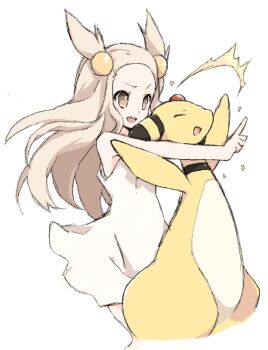 1990s_(style) 1girl :d ampharos blonde_hair brown_hair closed_eyes dress gen_2_pokemon gym_leader hair_bobbles hair_ornament jasmine_(pokemon) nakamura_sandayo nintendo open_mouth pokemon pokemon_(creature) pokemon_gsc retro_artstyle simple_background smile sparkle standing sundress two_side_up white_background yellow_eyes
