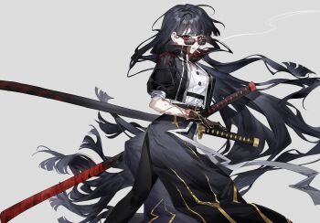 Rule 34 | 1girl, belt, black hair, black jacket, black skirt, blood, blood on clothes, blunt bangs, bochishiraita, cigarette, contempt awe (e.g.o), cropped jacket, e.g.o (project moon), glasses, grey background, highres, jacket, limbus company, long hair, looking at viewer, ootachi, project moon, red eyes, ryoshu (project moon), shirt, simple background, skirt, smoking, solo, standing, sunglasses, sword, upper body, very long hair, weapon, white shirt