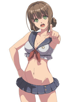 1girl bikini bikini_skirt bow bow_bikini breasts brown_hair chiharu_(9654784) cleavage double-parted_bangs duvalie eiyuu_densetsu green_eyes hair_between_eyes hair_bun hajimari_no_kiseki hand_on_own_hip highres large_breasts looking_at_viewer navel open_mouth pointing pointing_at_viewer sailor_bikini sailor_collar sen_no_kiseki sen_no_kiseki_(series) sen_no_kiseki_iv short_hair simple_background solo swimsuit white_background white_bikini