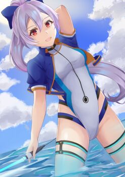 1girl absurdres blue_bow blue_jacket blue_one-piece_swimsuit bow breasts cropped_jacket fate/grand_order fate_(series) hair_bow highleg highleg_one-piece_swimsuit highres jacket long_hair medium_breasts multicolored_swimsuit one-piece_swimsuit ponytail red_eyes short_sleeves shrug_(clothing) silver_hair solo standing striped_wristband swimsuit tapume tomoe_gozen_(fate) tomoe_gozen_(swimsuit_saber)_(fate) tomoe_gozen_(swimsuit_saber)_(first_ascension)_(fate) two-tone_swimsuit very_long_hair wading white_one-piece_swimsuit wristband