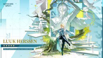 1boy black_pants blonde_hair character_name coat commentary copyright_name crossed_legs english_commentary full_body gloves hair_between_eyes hand_up highres logo long_hair looking_at_viewer luuk_herssen_(wuthering_waves) male_focus official_art pants paper red_eyes sitting solo statue white_coat white_gloves wide_shot wuthering_waves