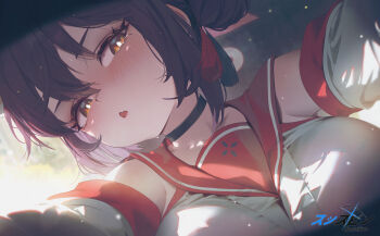 1girl absurdres black_choker black_hair blue_archive blush breasts brown_eyes choker collarbone detached_sleeves fang from_below hair_between_eyes hair_bun half-closed_eyes halo highres kaede_(blue_archive) large_breasts looking_at_viewer open_mouth oppai_loli red_halo red_sailor_collar sailor_collar shirt skin_fang solo sunlight sushispin white_shirt
