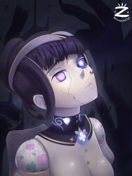 Rule 34 | absurdres, artificial eye, azami (xenoblade), black hair, breasts, cleavage, colored skin, core crystal (xenoblade), cracked skin, dark background, doll joints, glowing, glowing eye, highres, joints, looking up, portrait, white skin, xenoblade chronicles (series), xenoblade chronicles 2, zambonito