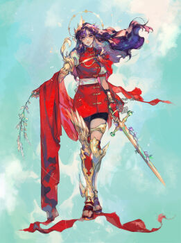 1girl absurdres asamiya_athena breasts dress female_focus hairband highres large_breasts long_hair looking_at_viewer pale_skin princess_athena purple_eyes purple_hair redeye_rei shoes shorts skirt standing star_(symbol) the_king_of_fighters thick_thighs thighs toes weapon wide_hips wing