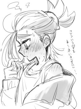 Rule 34 | 1boy, absurdres, blush, ear blush, from side, greyscale, hand up, highres, holding, holding own hair, kieran (pokemon), long sleeves, loose hair strand, male focus, monochrome, nintendo, parted lips, playing with hair, playing with own hair, pokemon, pokemon sv, ponytail, profile, shoulder blush, sketch, solo, tank top, tisanntisyou, upper body, white background