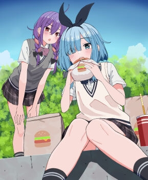 2girls absurdres aqua_eyes bag black_bow black_hairband black_skirt black_socks blue_hair blue_sky blush bow bow_hairband bowtie braid braided_twintails bright_pupils burger commentary_request cup diagonal-striped_bow diagonal-striped_bowtie diagonal-striped_clothes disposable_cup double-parted_bangs eating eyes_visible_through_hair food food_bite grey_sweater_vest hair_between_eyes hair_bow hair_over_one_eye hairband hands_on_own_knees highres holding holding_burger holding_food iroha_nanairo_(urushiushiru) knees_together_feet_apart leaning_forward long_bangs makuno_suzu_(urushiushiru) miniskirt multicolored_hair multiple_girls open_mouth original outdoors panties panty_peek pantyshot paper_bag parted_bangs plaid_clothes plaid_skirt pleated_skirt purple_hair red_bow red_bowtie red_eyes school_uniform shirt short_hair short_sleeves sitting skirt sky socks standing striped_bow striped_bowtie striped_clothes summer summer_uniform sweater_vest underwear urushiushiru v-neck white_panties white_pupils white_shirt white_sweater_vest